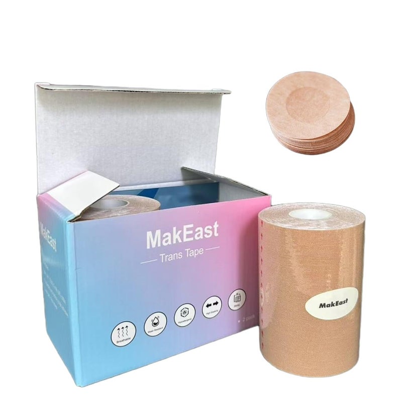 MakEast 2 Rolls Trans Tape for Transitioning Extra Wide Chest Binding Tape Latex Free FTM Chest Binder with Nipple Covers Ultra Sticky Waterproof & Flexible 4 in X 16.5 ft (Espresso) - Image 3